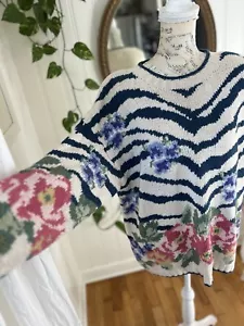 Vintage Moda Int’l Cream Floral Sweater Garden All Over Ramie Knit Pink Rose - Picture 1 of 6