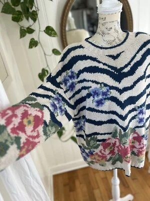 Vintage Moda Int’l  Cream Floral Sweater Garden All Over Ramie Knit Pink Rose - Image 1 of 4