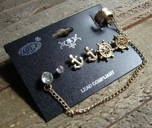 Nautical Earrings Anchor Boat Wheel Ear Cuff Rhinestone Gold Tone Jewelry Set - Picture 1 of 3