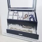 Glass Top Watch Box 8 Slots 6 Watch Pillows 1 Drawers Black w Beige Lining NEW