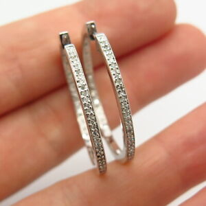 925 Sterling Silver Real Diamond In & Out Hoop Earrings