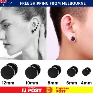 1 Pair Black Flat Round Barbell Earrings Plug Gym Mens Mm Stud Stainless Steel - Picture 1 of 11