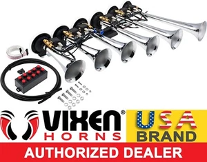 LOUD 6 TRUMPET 10TUNE MUSICAL AIR HORN W/WIRED REMOTE 12V CHROME PLATED VXH6810C - Foto 1 di 8