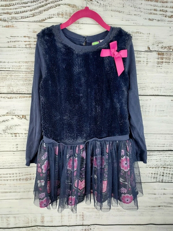 Dollie & Me Girls Dress Sz 10 Navy Blue Pink Faux Fur Tulle Floral Long Sleeve - Image 1 of 1