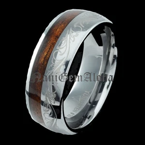 Koa Wood Ring Tungsten Hawaiian Engraving Laser Scroll Design Band 8mm - Picture 1 of 2
