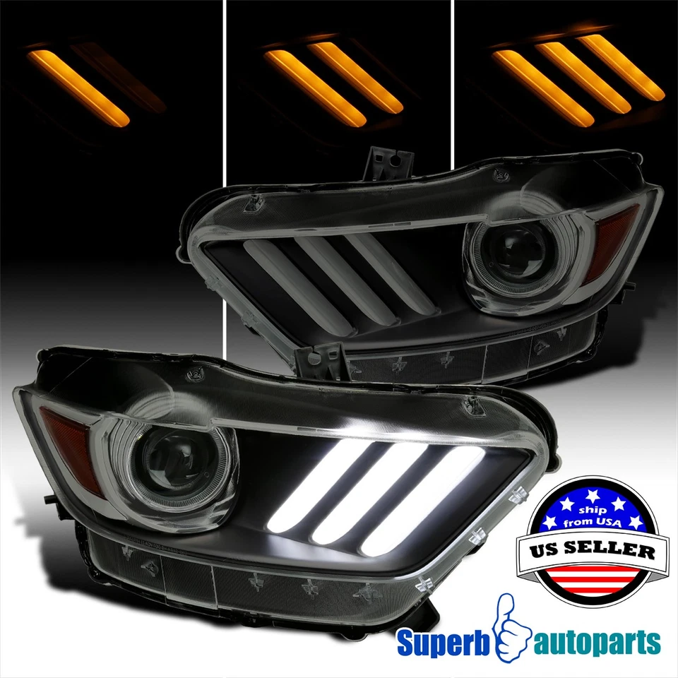 Fits 2015-2022 Mustang Projector Headlight Shelby Switchback LED Bar Black Smoke - Изображение 1 из 4