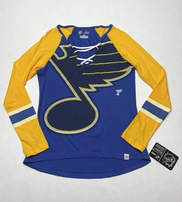 Nueva con etiquetas Camisa St Louis Blues Hockey NHL Cordones Cuello en V Manga Larga Talla S Majestuosa Foto 1 de 4