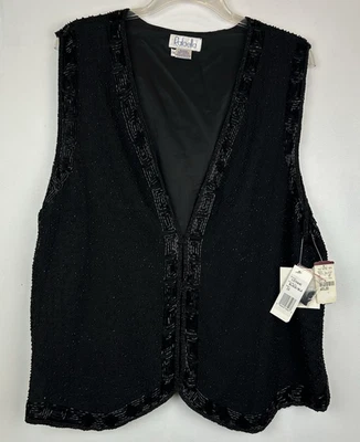 Vtg Beaded Silk Vest Womens 1X Black Special Occasion Cocktail Silk Elegant New - Image 1 of 4