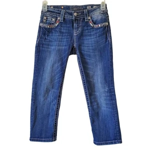 Miss Me Womens 26 Capri Jeans Mid Rise Cuffed Distressed Aztec Rhinestone - Picture 1 of 16