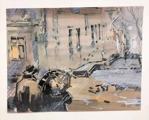 Watercolor Cityscape Autumn Rain Impressionism Realism Soviet Ukrainian Painting - Picture 1 of 8