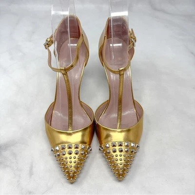 GUCCI Coline Mary Jane Tachonado Correa en T Punta Zapatos de Bomba Diseñador Dorado 35.5 Foto 1 de 4