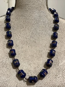 Rare Vintage Chinese Cloisonne Blue Floral Cylinder Links Necklace 26" - Picture 1 of 11
