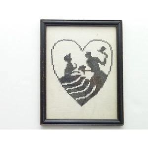 Vintage Silhouette Cross Stitch Courting Couple Framed Glass Western Gothic - Picture 1 of 5