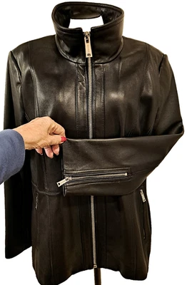 XXL CALVIN KLEIN $299 SOFT LAMBSKIN LEATHER BLACK JACKET HIP LENGTH WOMEN 2X - Image 1 of 4