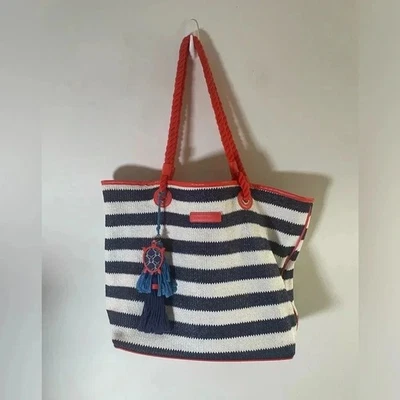 Vera Bradley Navy and White Striped Beach Tote with Tassels GUC - Image 1 of 4