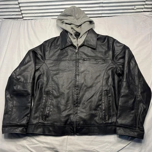 Guess Jacket Mens XL Black Faux Leather Zip Out Hooded Bib Quilted Lined Moto - Picture 1 of 16