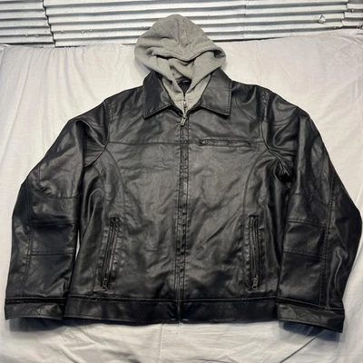 Guess Jacket Mens XL Black Faux Leather Zip Out Hooded Bib Quilted Lined Moto - Image 1 of 4