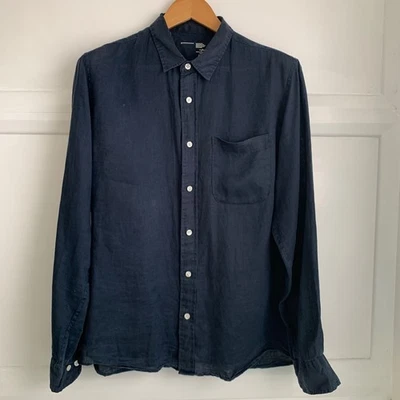 MUJI Pure Linen Shirt Mens Medium Navy Blue Regular Long Sleeve  - Image 1 of 4