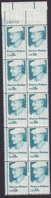 Scott #1821 Frances Perkins Plate Block of 10 Stamps - MNH - Image 1 of 2