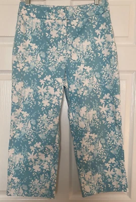 ERIK STEWART Wm's Stretch Lt. Wt. Calça Capri tamanho 10 azul/branco padrão floral - Imagem 1 de 4