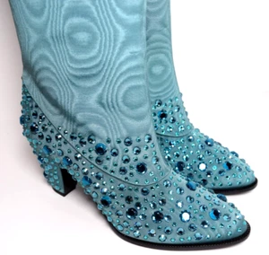 New Gucci Women's Sea Green Jacquard Cowboy Boots with Crystals 631268 3720 - Picture 1 of 13