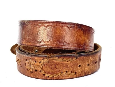 Cinturón de cuero marrón oscuro vintage años 70 con cordones en relieve talla XL grande años 70 Foto 1 de 4