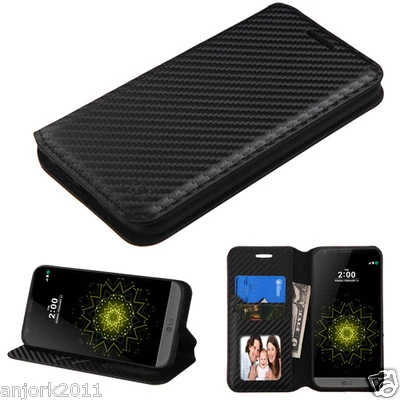 Black Carbon Fiber Print Folio Flip Case w/Stand Faux Leather Cover for LG G5 - Image 1 of 4