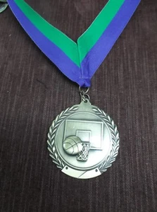gold BASKETBALL 2 3/4" dia medal wide blue/green neck drape - Picture 1 of 1