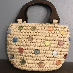 Capelli Straworld Purse Wooden Handles Colorful Polka Dot Design - Picture 1 of 10