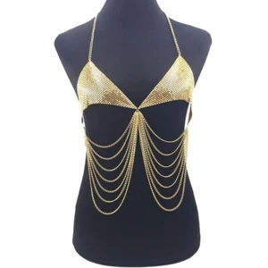Womens Punk Chain Bralette Lady's Club Chest Harness Body Jewelry Necklace Gold - Picture 1 of 24
