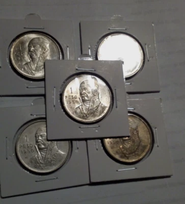 lote de 5 monedas de plata de un (1) pesos 1950 José Morelos emisión de un año brillante UNC Foto 1 de 4