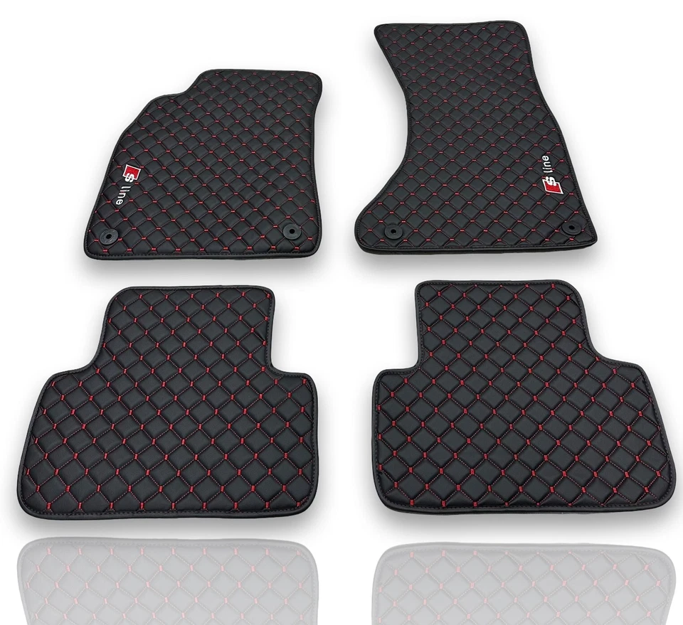 Compatible with Audi Premium Luxury Leather Car Floor Mats Black - Red Stitch - Image 1 of 4