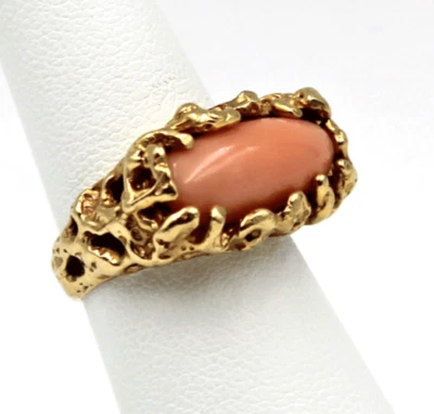 14K Yellow Gold Brutalist Nugget Pink Coral Ring 10.0 Grams Size 5.25 - Image 1 of 4