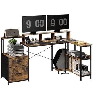 L Shaped Gaming Desk 73 Reversible File Drawer Lights Power Outlet Storage - Picture 1 of 8