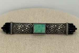 Vintage Art Deco 935 Sterling Silver Marcasite Enamel Amazonite Brooch - Picture 1 of 18