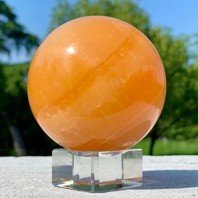 460G Natural Banded Orange Calcite Quartz Crystal Sphere Home Decor gift+stand - Image 1 of 4