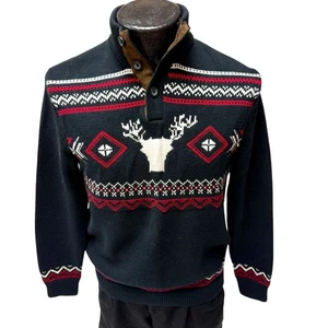 Chaps Ralph Lauren Black 1/4 Btn Pullover MOCK Neck NORDIC Deer HOLIDAY Sweater - Picture 1 of 12