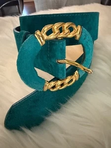 Vintage 70er 80er türkis grün & gold Wildleder Ledergürtel Omega mit Kettendetail Gr. M sehr guter Zustand - Bild 1 von 7