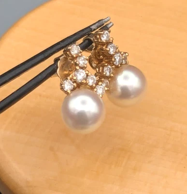 14k Yellow Gold 7mm Round Pearl & Diamond Accent Stud Earrings ~ 2.6g - Image 1 of 4