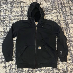 Men's Medium Carhartt Rain Defender Black Lined Zip Up Work Hoodie Sweatshirt - Picture 1 of 10