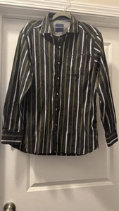 Tommy Bahama Shirt M Black Green Striped Flip Cuff Button Up Long Sleeve Casual - Picture 1 of 8