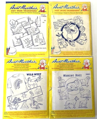 Aunt Martha's 4 VTG Hot Iron Embroidery Transfers Cowboy Wild West Dogs Dishes - Image 1 of 4