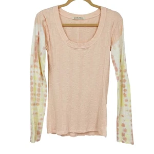 FREE PEOPLE Long Sleeve Top Tie Dye Pink Yellow Ribbed Thermal Stretch Womens L - Picture 1 of 10