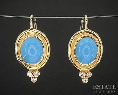 18k Yellow Gold Temple St. Clair Natural Turquoise & Diamond Earrings 6g i20304 - Image 1 of 4