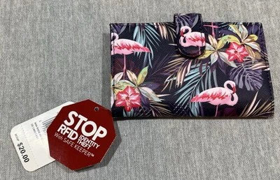 Cartera para tarjeta de crédito Mundi RFID ~ púrpura con flamencos rosas e impresión tropical ~ nueva con etiquetas Foto 1 de 4
