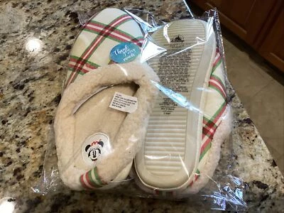 New Disney Mickey Minnie Mouse Christmas Ivory Plaid Slippers Size Large 9/10 - Image 1 of 3