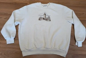 Vintage 90er BonWorth Sweatshirt M Damen Leuchtturm Herbst Weiß Rundhalsausschnitt Fleece - Bild 1 von 5