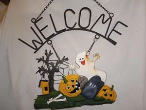 Letrero de decoración colgante de metal vintage HALLOWEEN JACK O LINTERN FANTASMA CEMENTERIO BIENVENIDA - Imagen 1 de 12