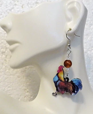 Rooster Design Dangle Earrings Bohemian Cute Style 1.50 " Hook - Image 1 of 3