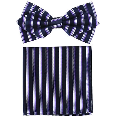 Nueva pajarita formal para hombre con forma de diamante preatada y pañuelo rayas púrpuras negro  Foto 1 de 4